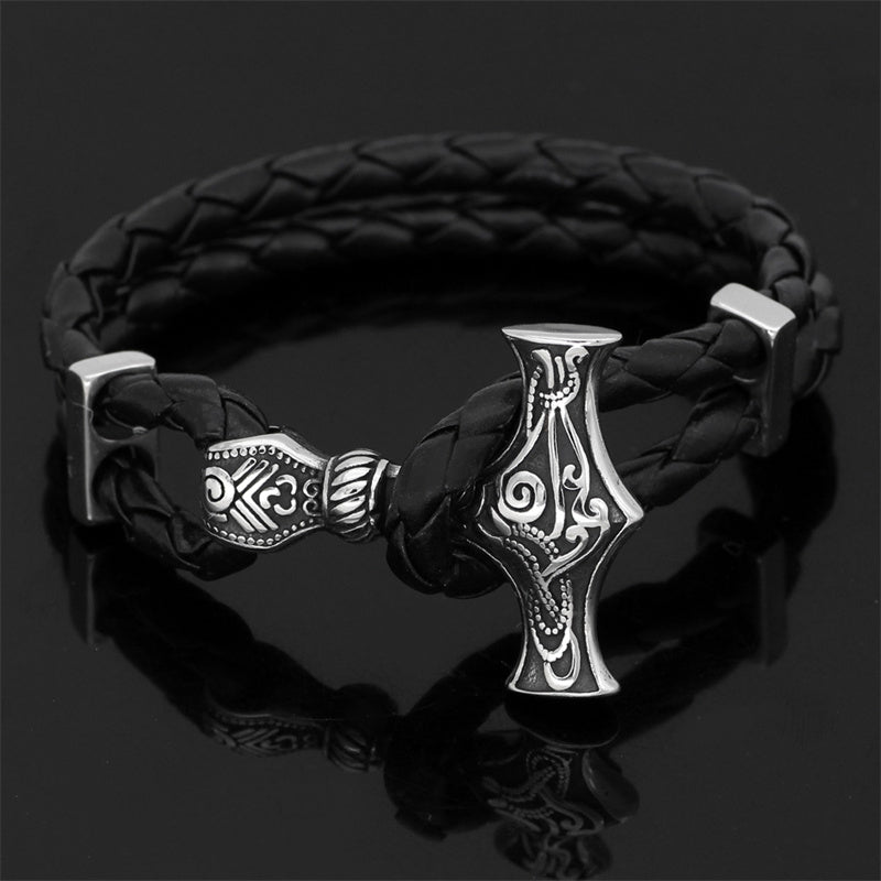 Thor hammer leather bracelet Viking totem titanium steel bracelet