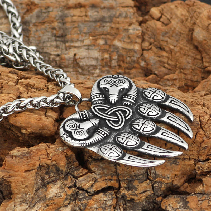 Viking Bear Paw Vintage Stainless Steel Odin Logo  Men's Necklace