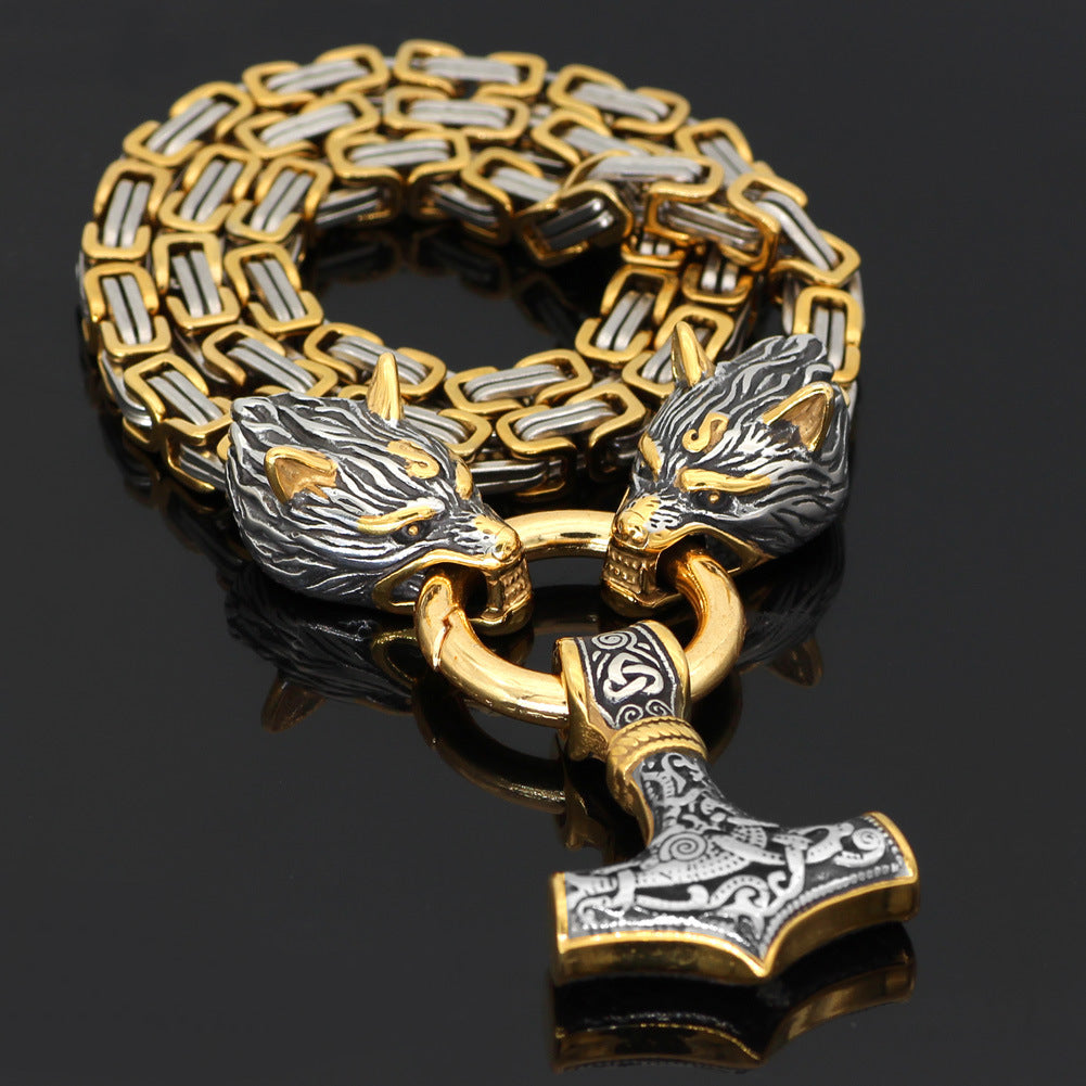 STAINLESS STEEL WOLF HEAD BYZANTINE CHAIN WITH MJOLNIR