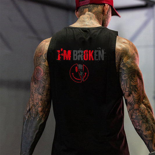 Vintage I'm Broken Letters Skull Printed Men's Vest