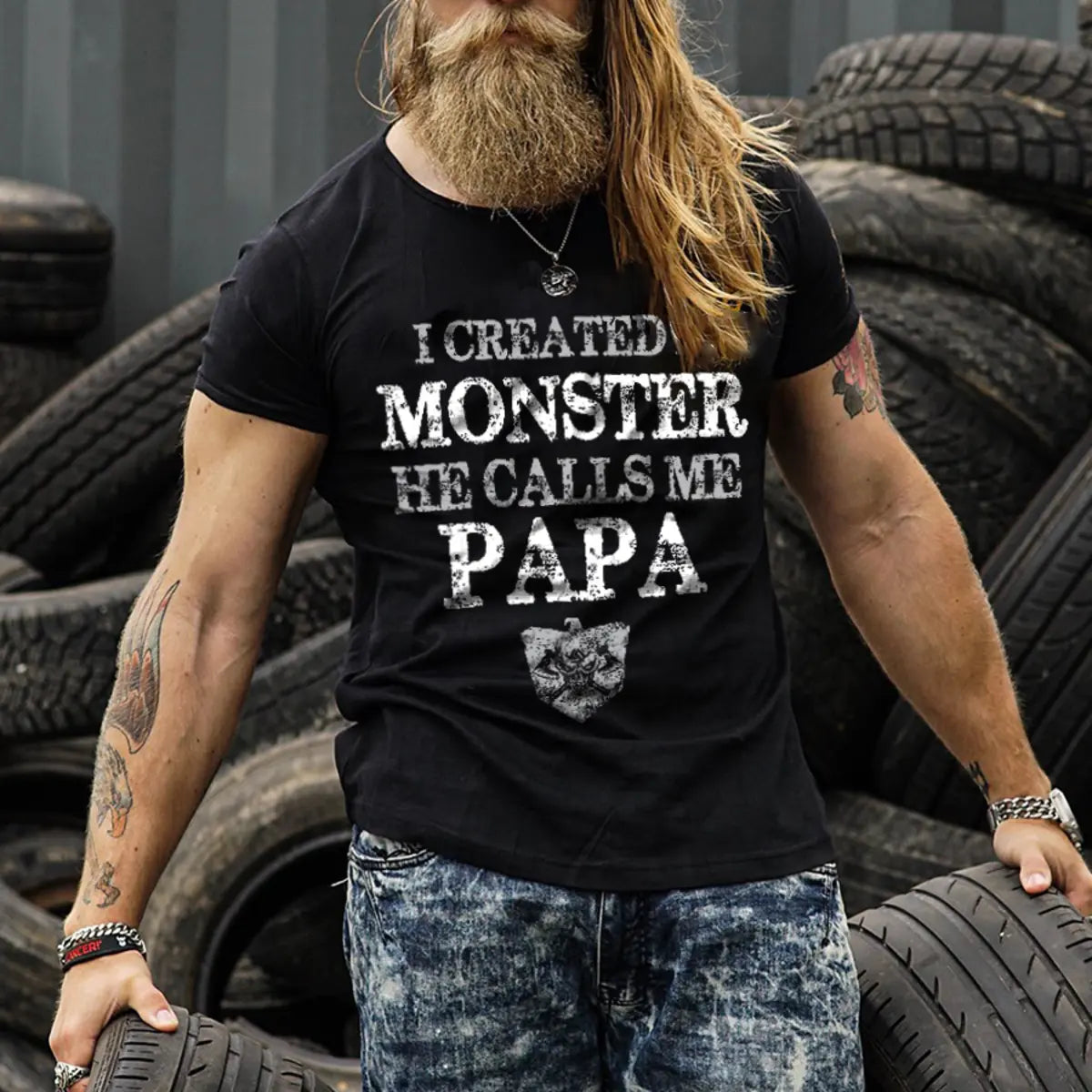 Viking I Created A Monster He Calls Me Papa  Printed Men's T-shirt