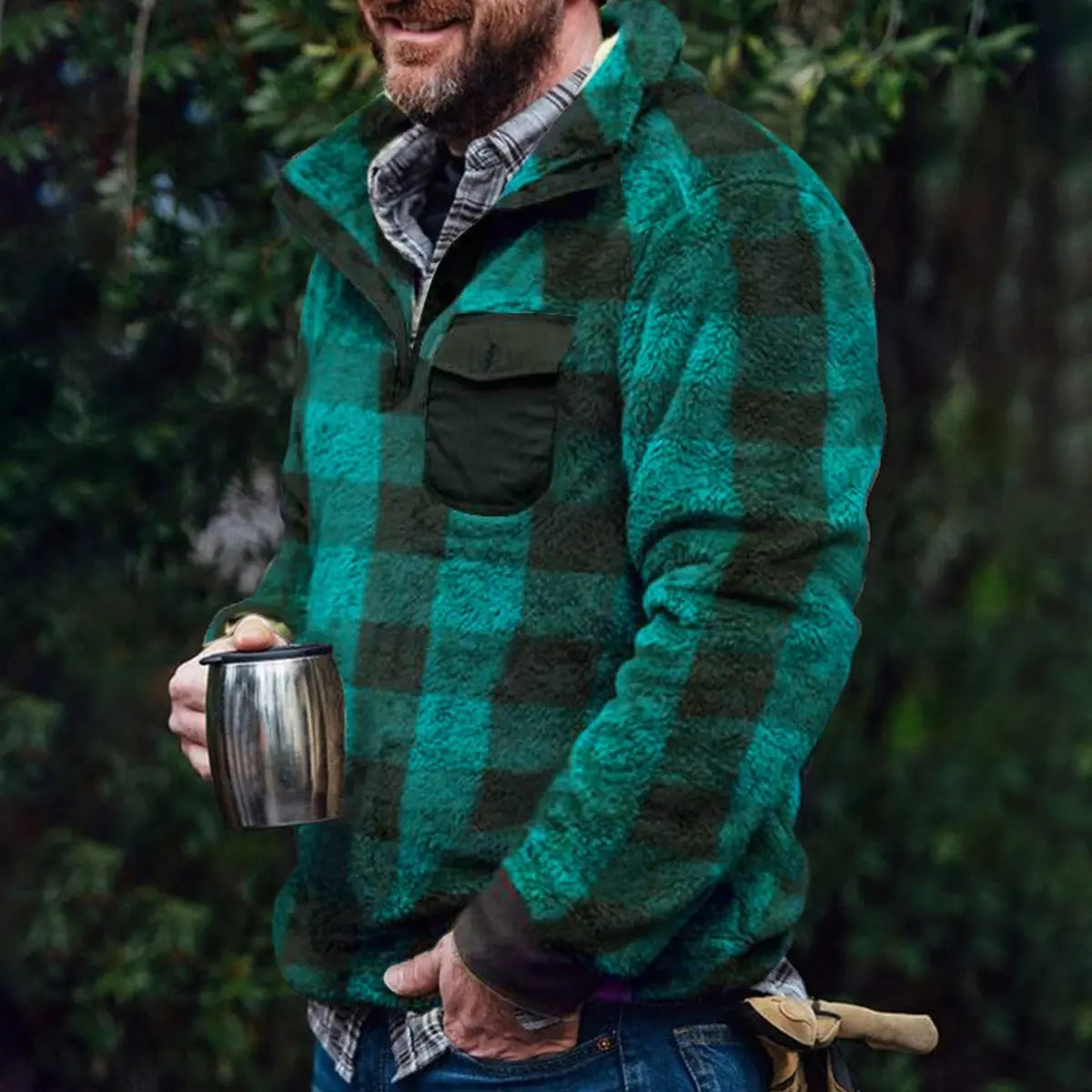 Casual Dark Green Plaid Pocket Men's Pullover Jacket